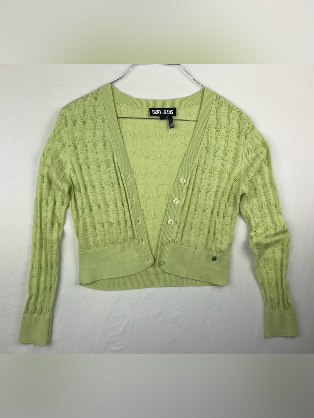 DKNY Jeans Vintage Y2K Cropped Cardigan Sweater Lime Sage‎ Green Pointelle Knit